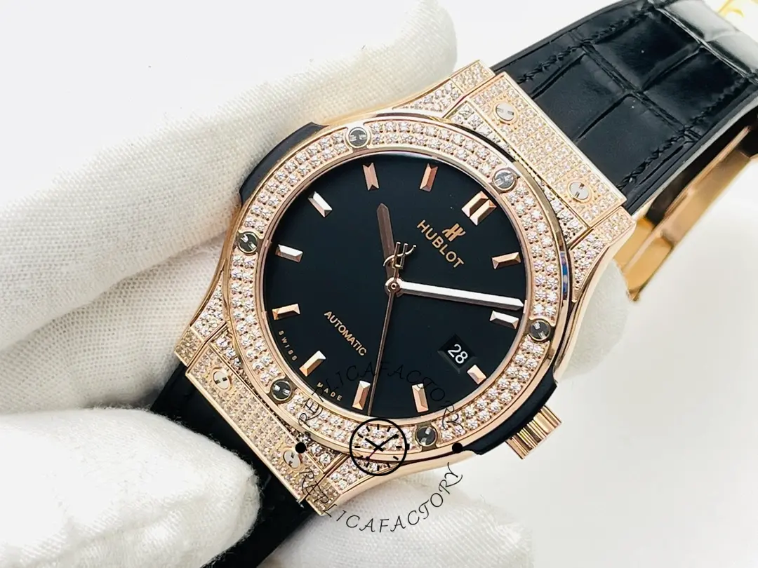 Hublot Classic Fusion 542.OX.1181.LR.1704 angled dial shot, rose gold case with diamond bezel.