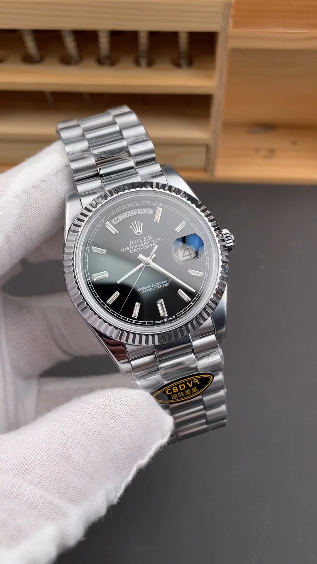 Rolex Day-Date 40mm 228239 0005 Black Diamond Dial Fluted Bezel Mens Replica Watch