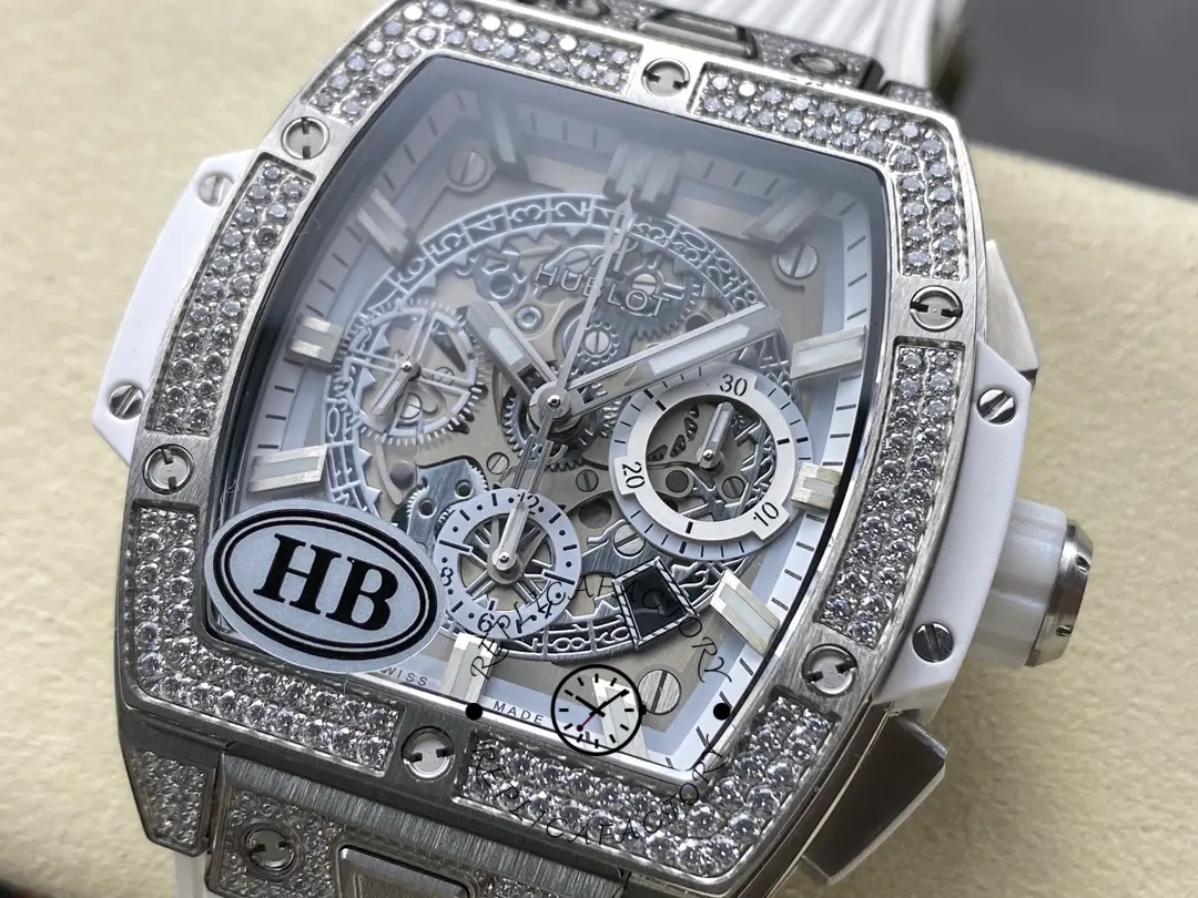 Front view of Hublot 642.NE.2010.RW.1604 on cushion showing diamond bezel look and skeleton dial details.