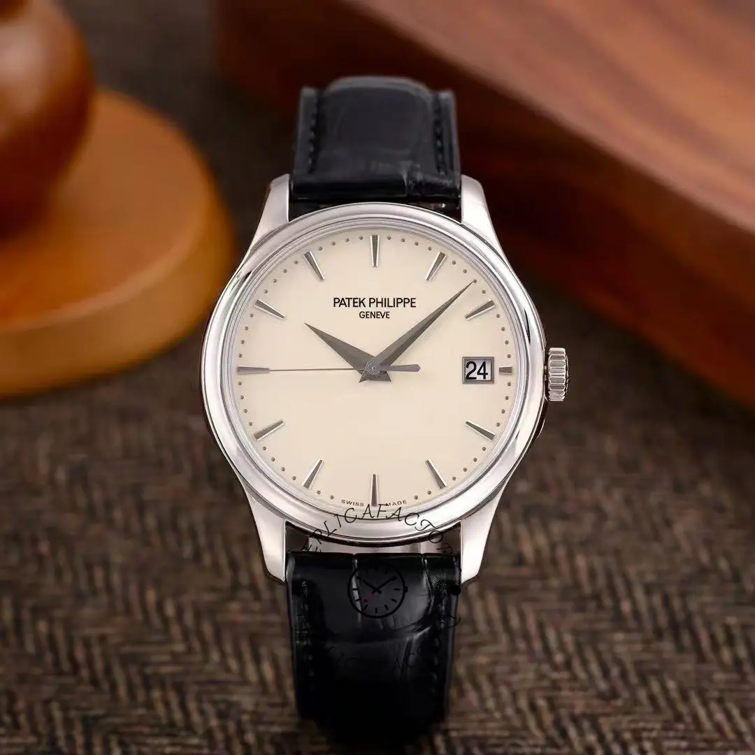 Straight-on shot of the Patek Philippe Calatrava 5227G-001 showing the clean dial layout and polished bezel.