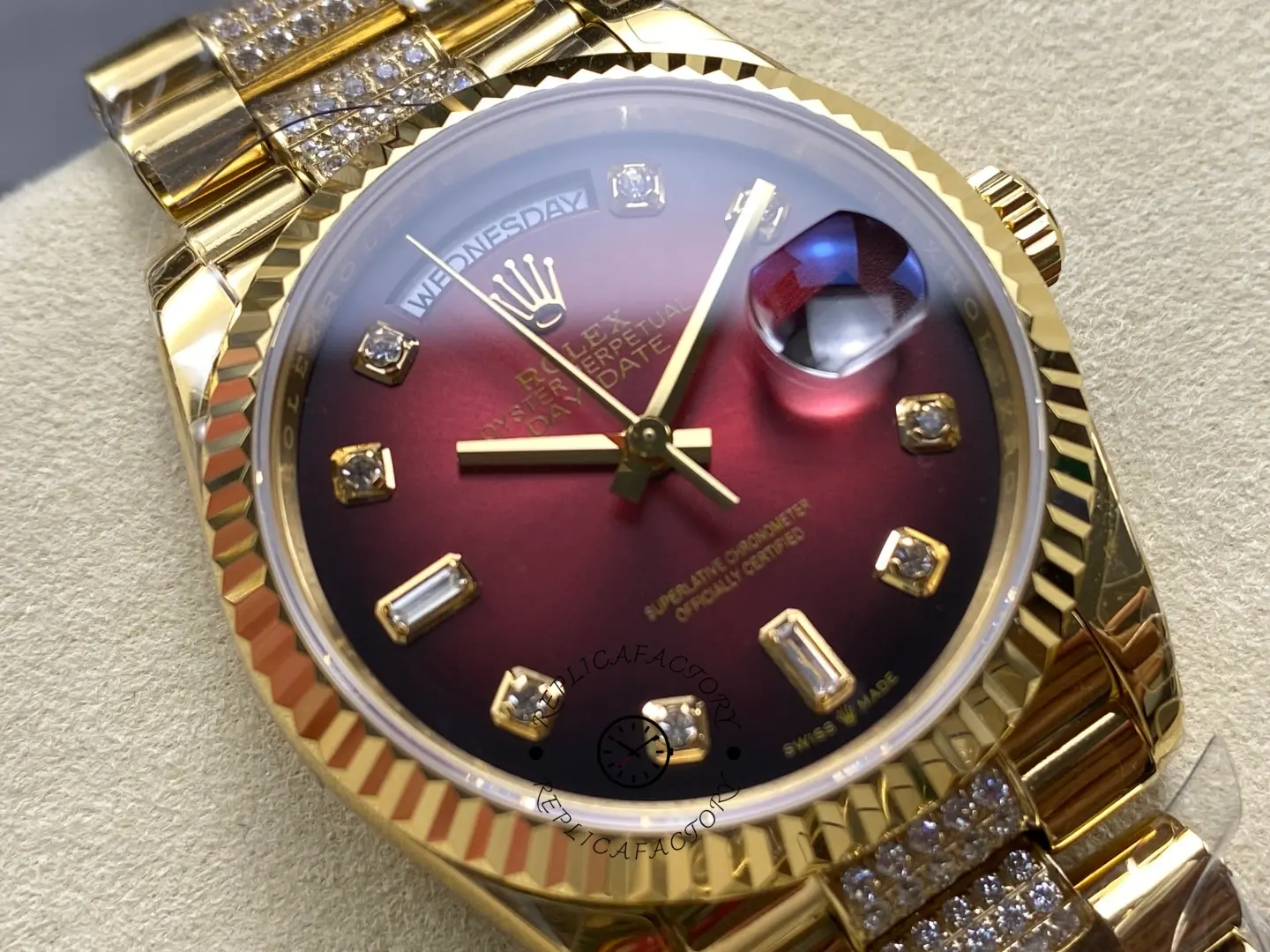 Rolex Day-Date Dark Red Dial Replica 128238 Women's Gold Watch