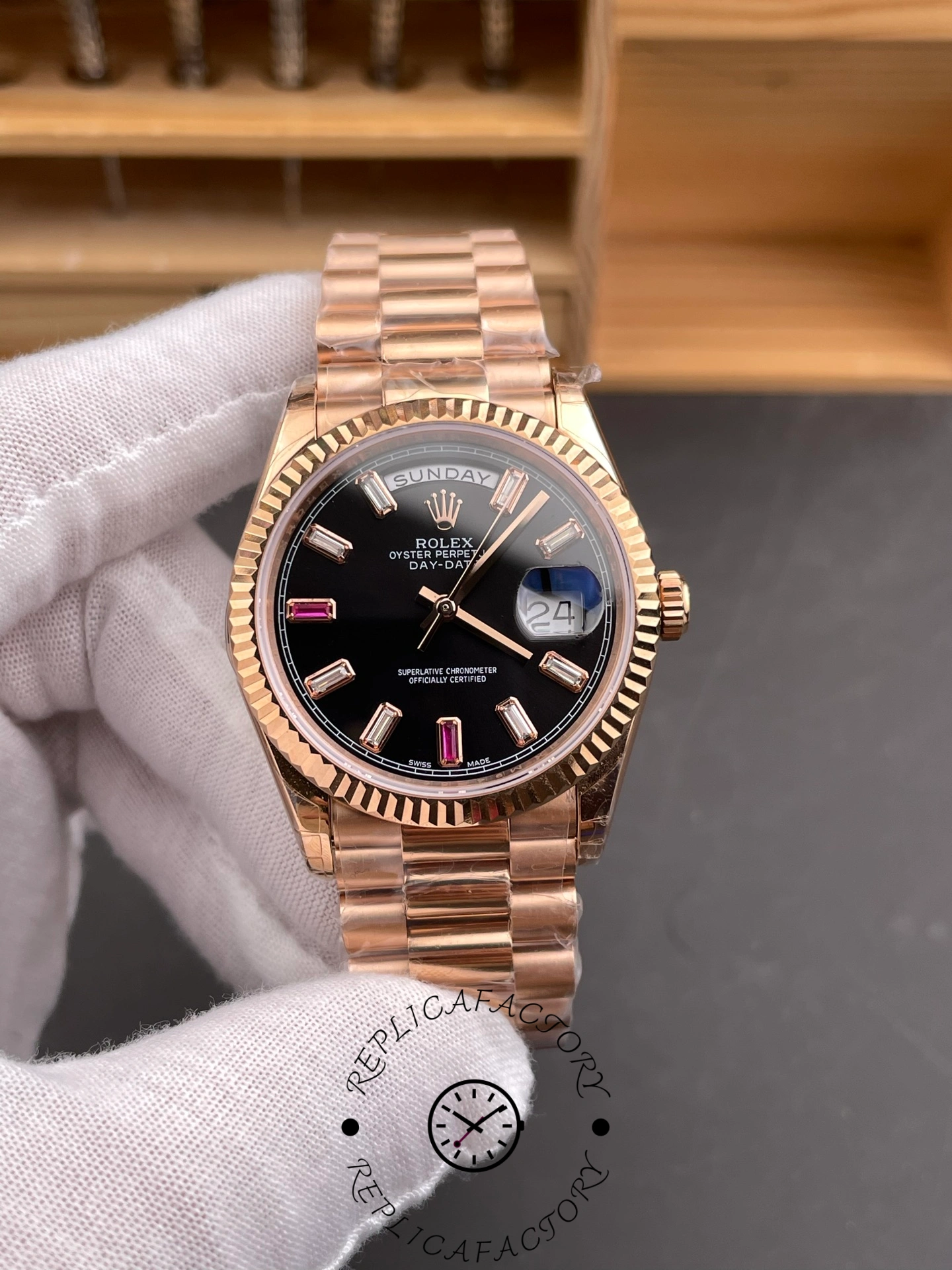Rolex Day-Date 218235 Diamonds and Rubies Black Dial Rose Gold 41MM Mens Replica Watch