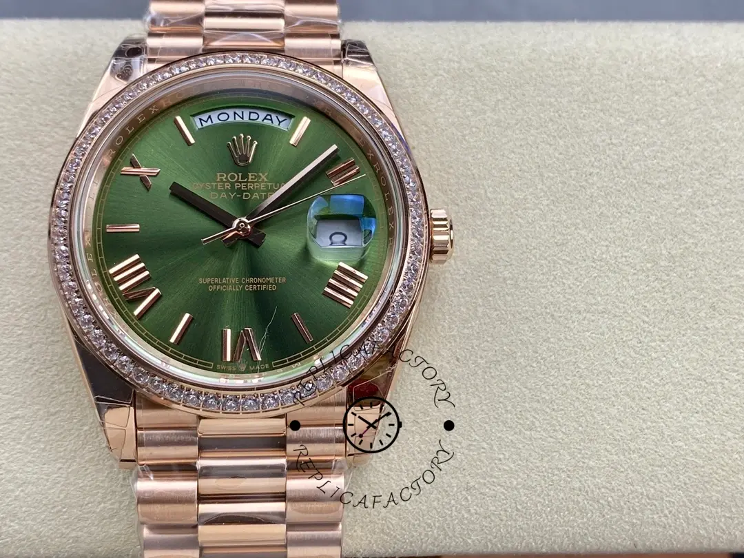 Rolex Day-Date 228345RBR 0011 Olive Green Roman Dial Diamond Bezel 40mm Mens Replica Watch