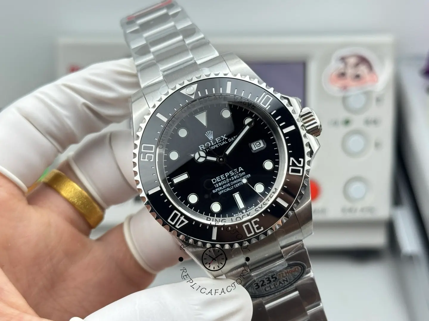 Angled front view of Rolex Sea-Dweller 126600 emphasizing the diver bezel numerals and dial depth.