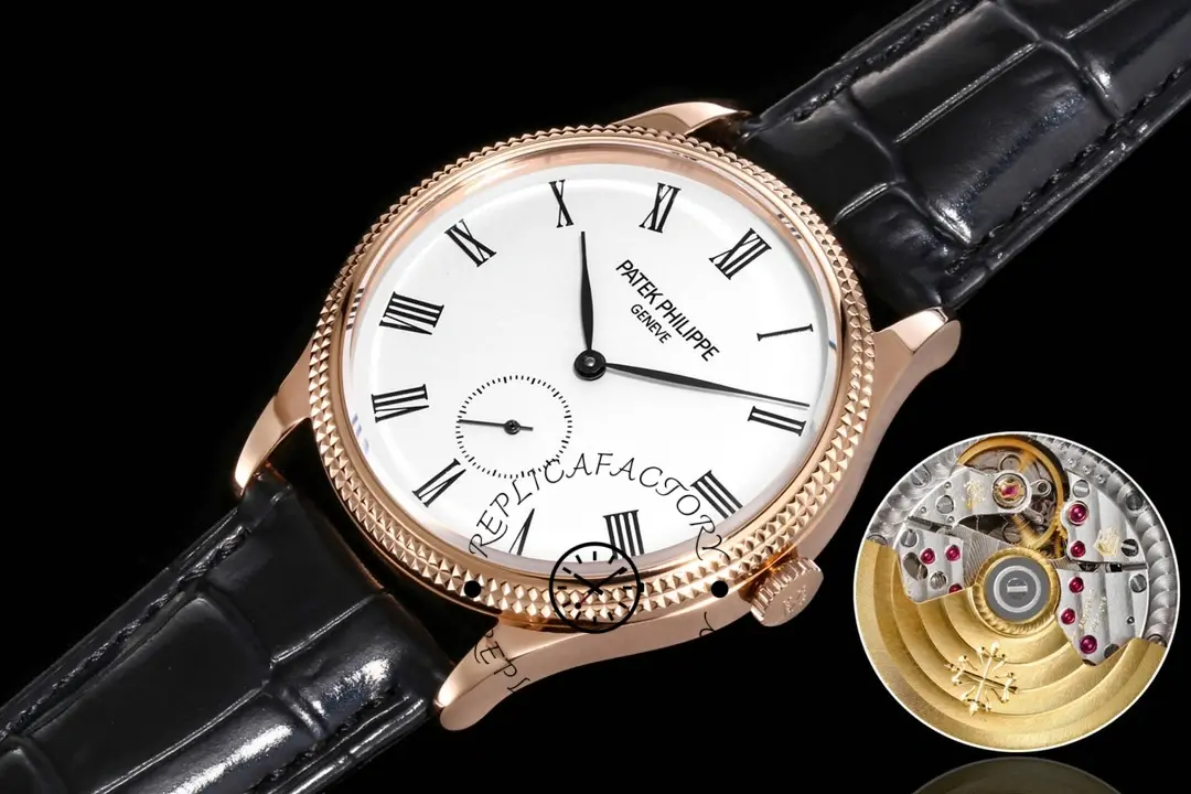 Angled shot of the Patek Philippe Calatrava 5119R on black strap, showing slim bezel and lugs.