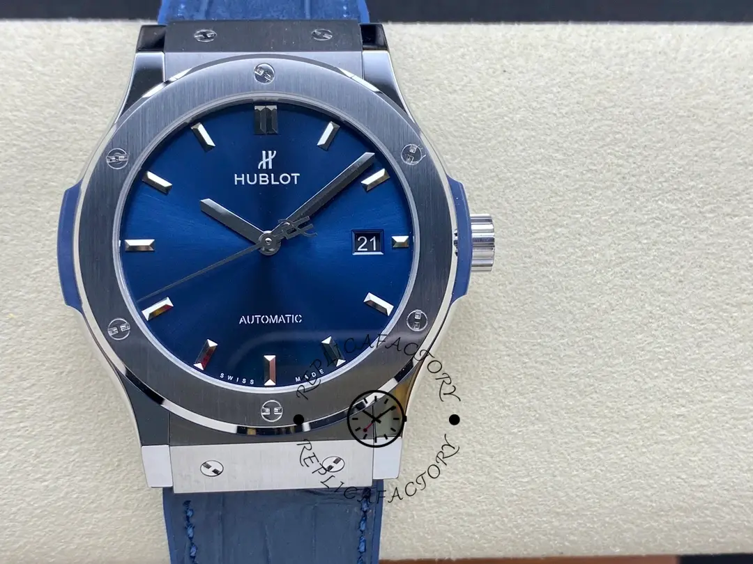 Front full view of Hublot Classic Fusion 542.NX.7170.LR on cushion showing blue dial and date window.