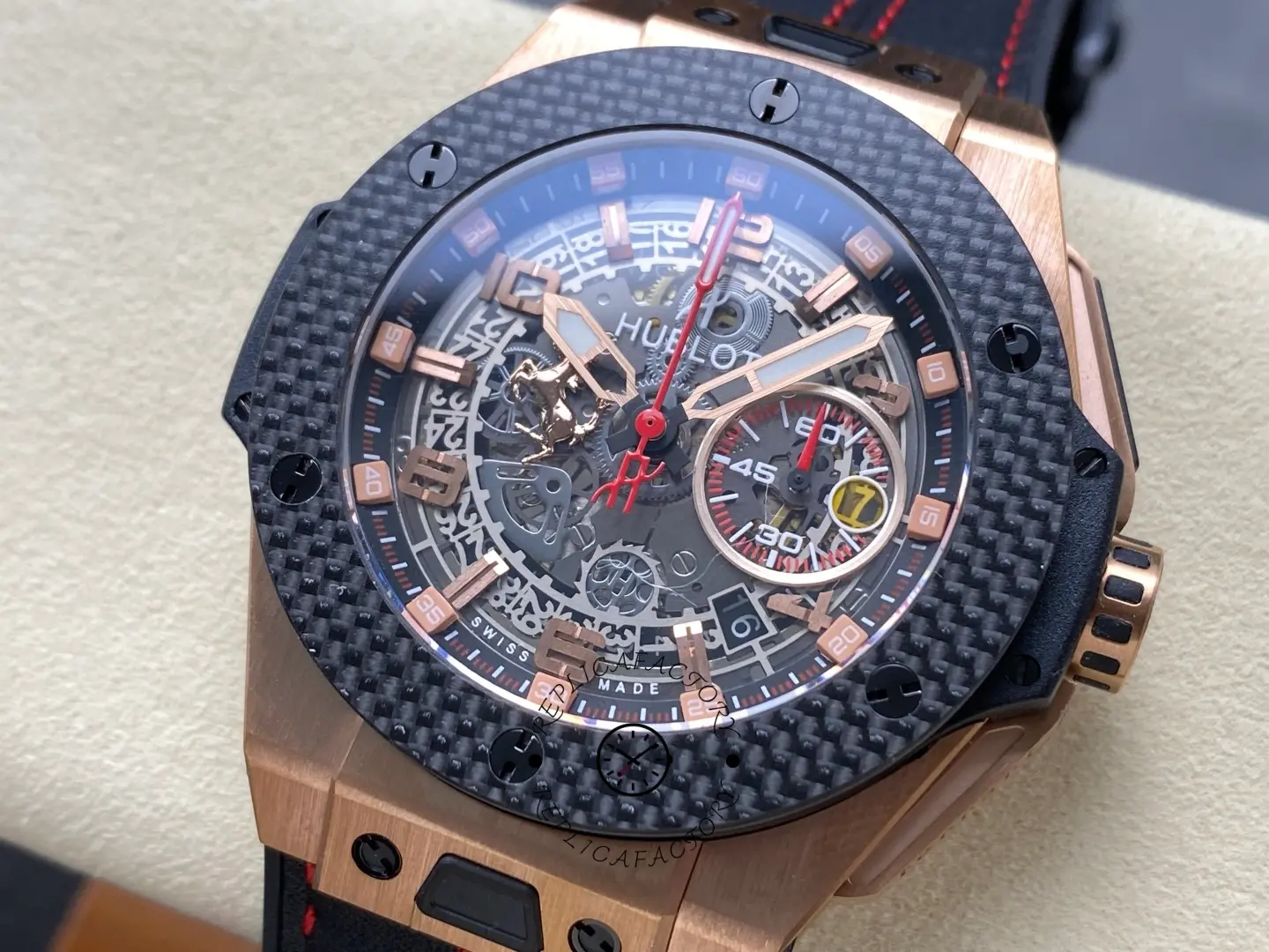 Three-quarter view of Hublot Big Bang Unico Ferrari 401.OX.0123.VR showing dial depth and rose gold bezel.