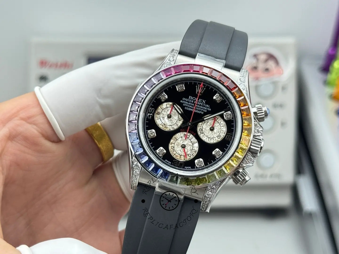1:1 Clone Rolex Daytona 116595RBOW Stainless Steel Case Rubber Strap