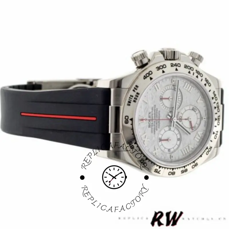 Rolex Daytona 116519MT angled view, meteorite dial and bezel, RubberB strap shown.