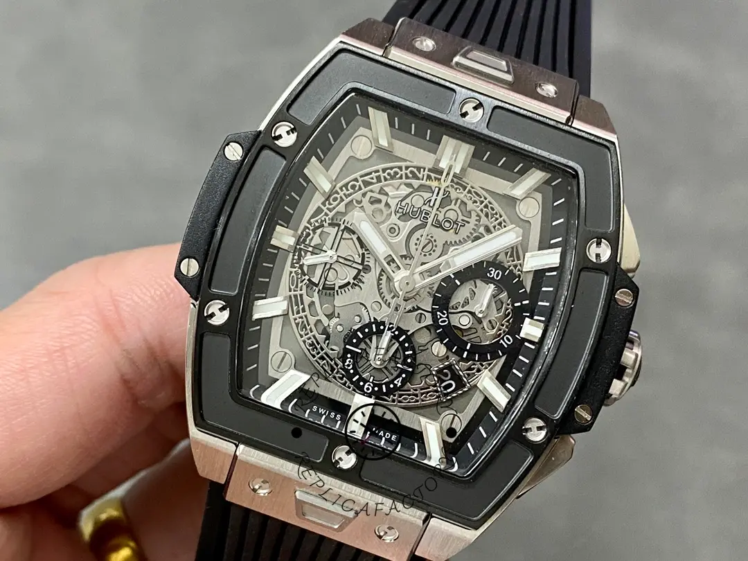 Angled close-up of Hublot Spirit of Big Bang 642.NM.0170.RX showing bezel screws and dial depth.