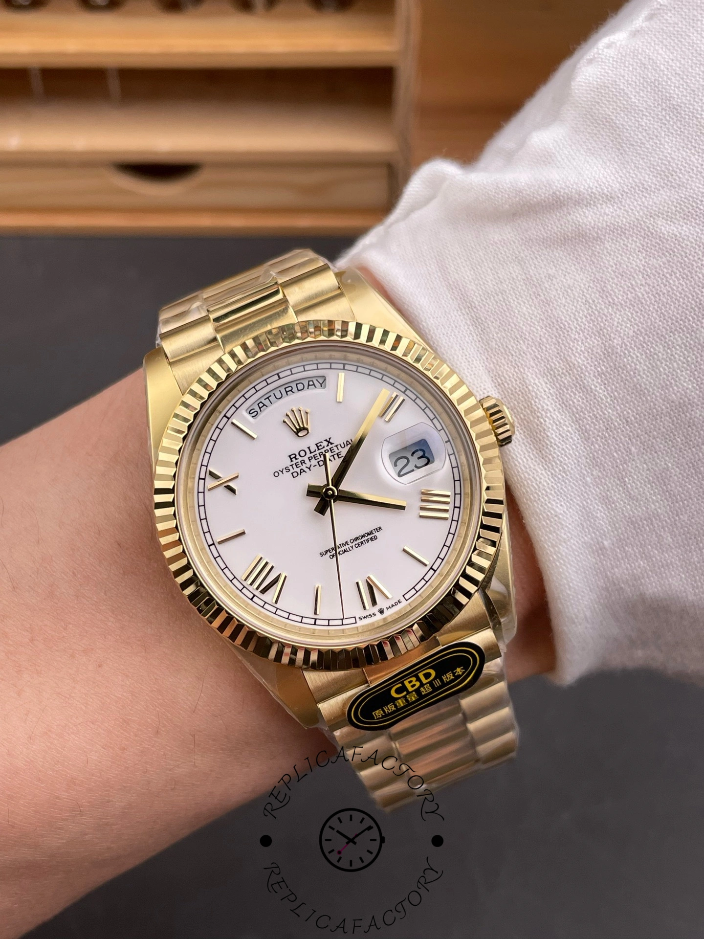 Rolex Day-Date 228238 White Roman Dial Fluted Bezel 40mm Mens Replica Watch