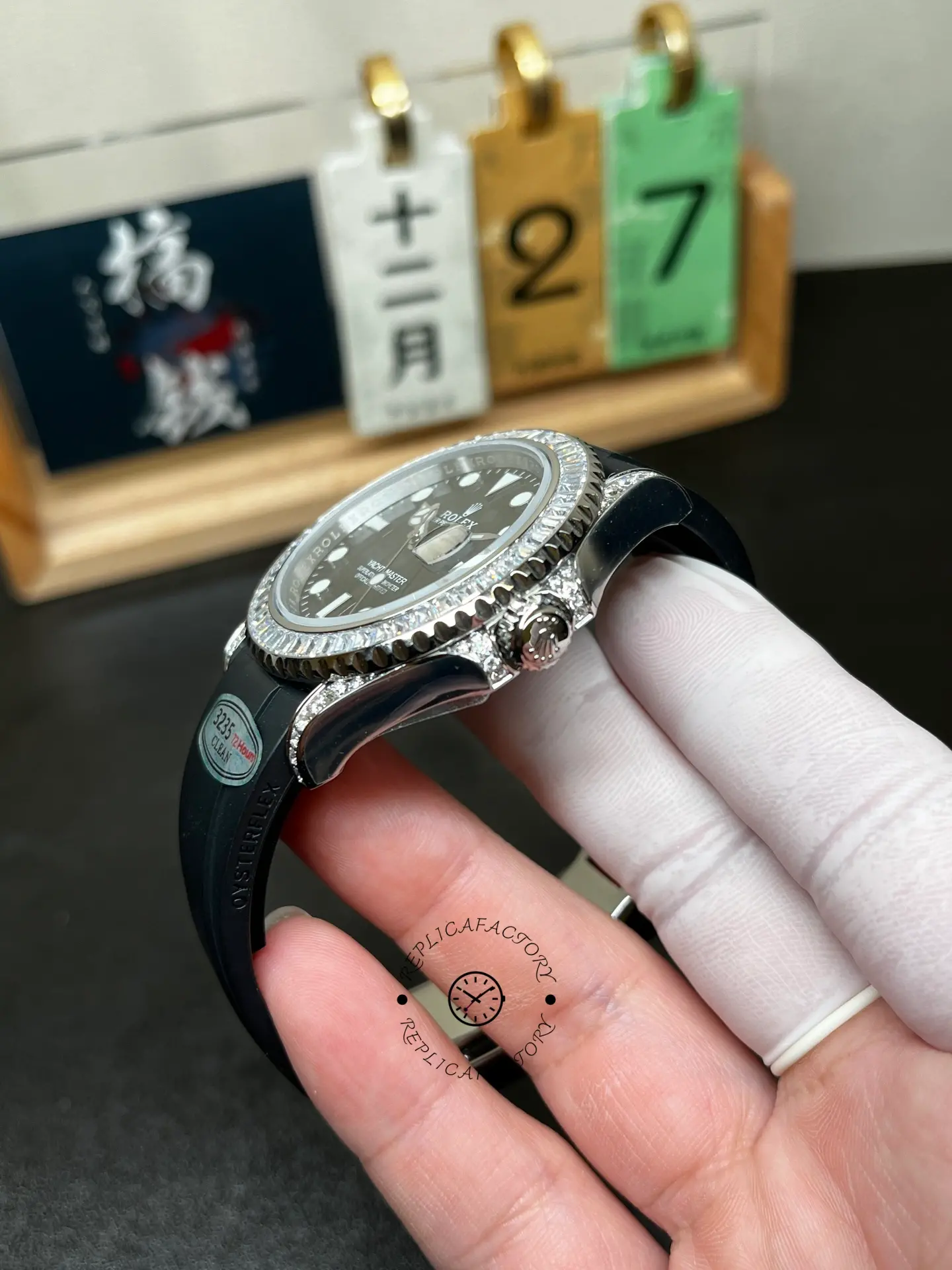 Side angle of Rolex Yacht-Master 42 226679TBR showing the crown, diamond-set lugs and Oysterflex strap.