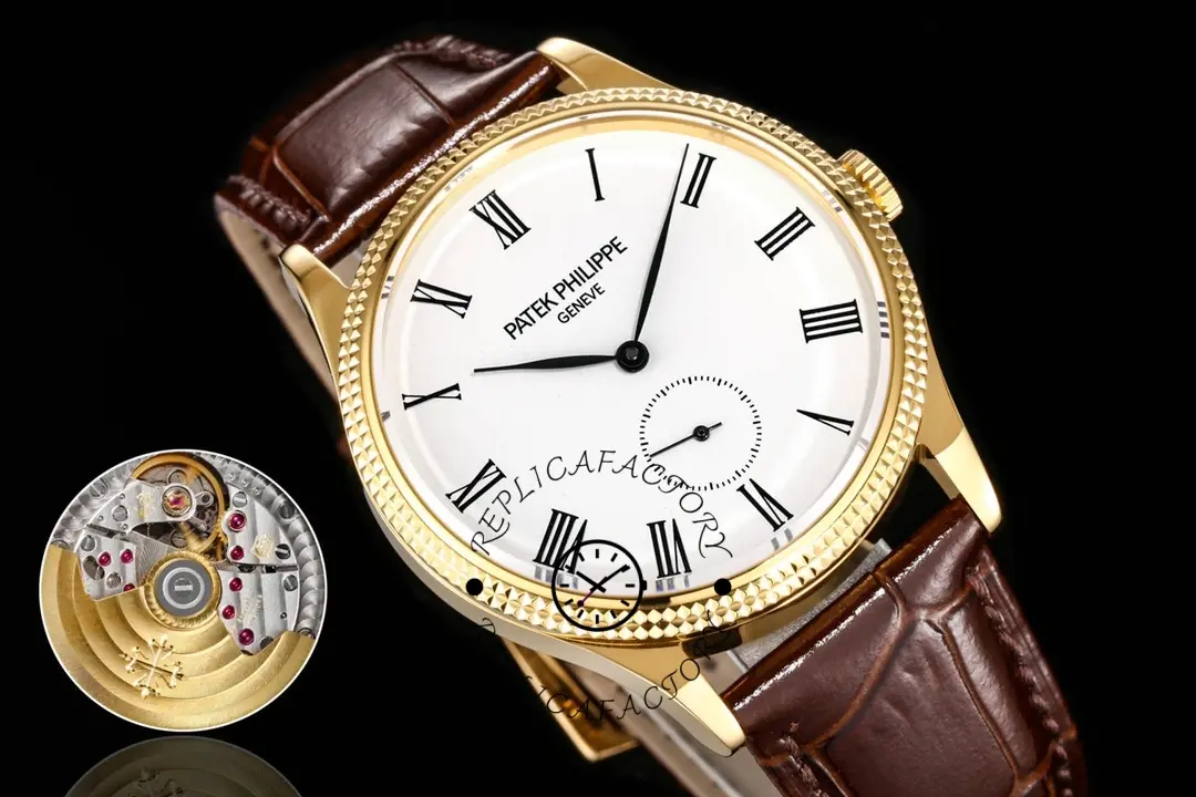 Angled close-up of the Patek Philippe 5119G-001, polished yellow gold case and classic dress profile.