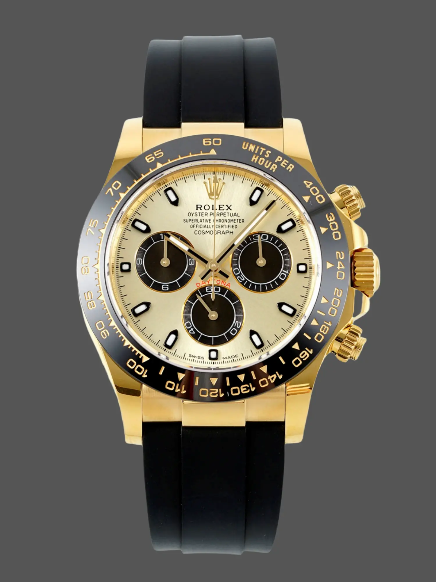 Front product image of Rolex Daytona 116518LN with champagne dial, black subdials and black Oysterflex-style strap. - Front view