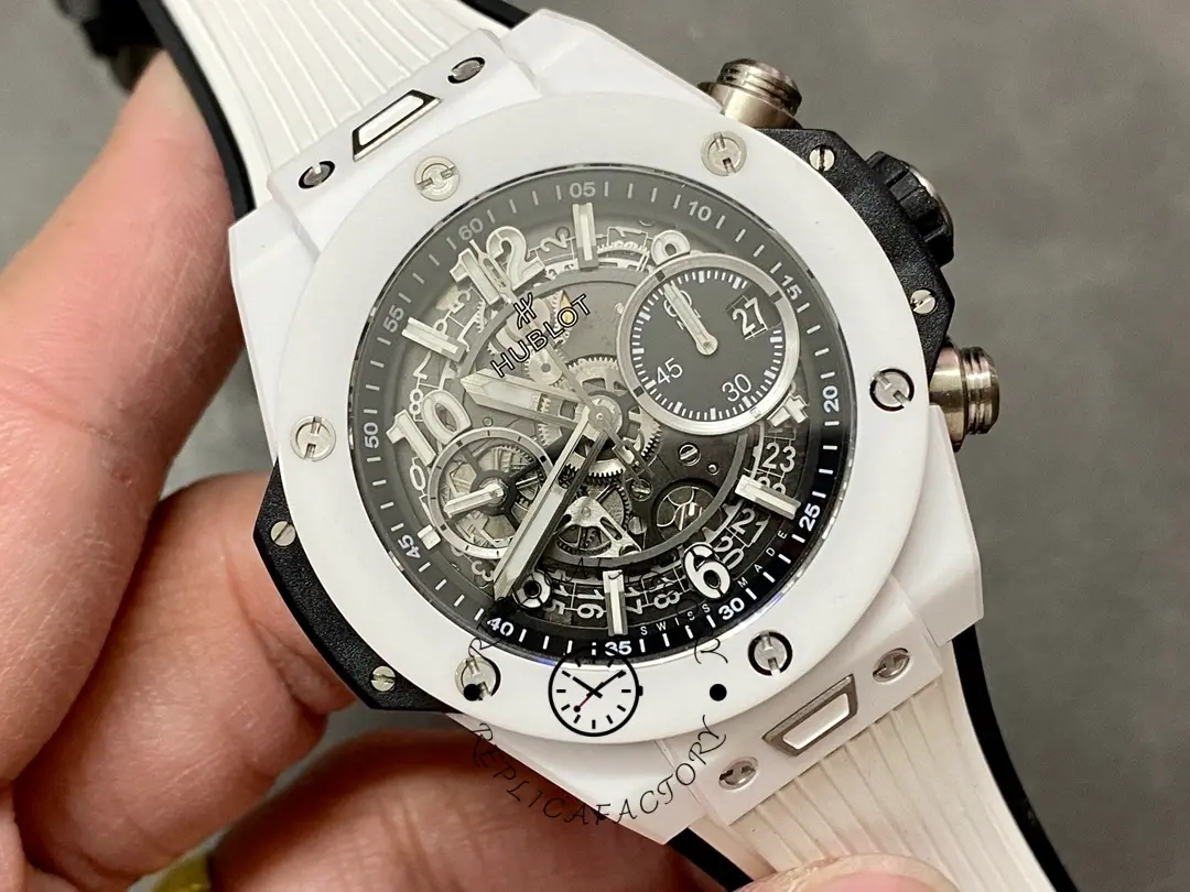 Angled front view of Hublot Big Bang Unico 411.HX.1171.RX highlighting the white ceramic bezel and case.
