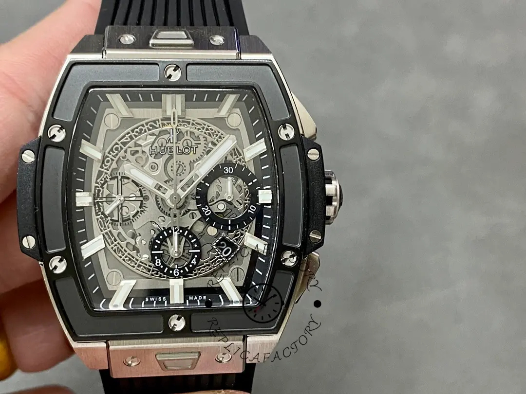 Close-up front of Hublot Spirit of Big Bang 642.NM.0170.RX highlighting skeleton movement and markers.