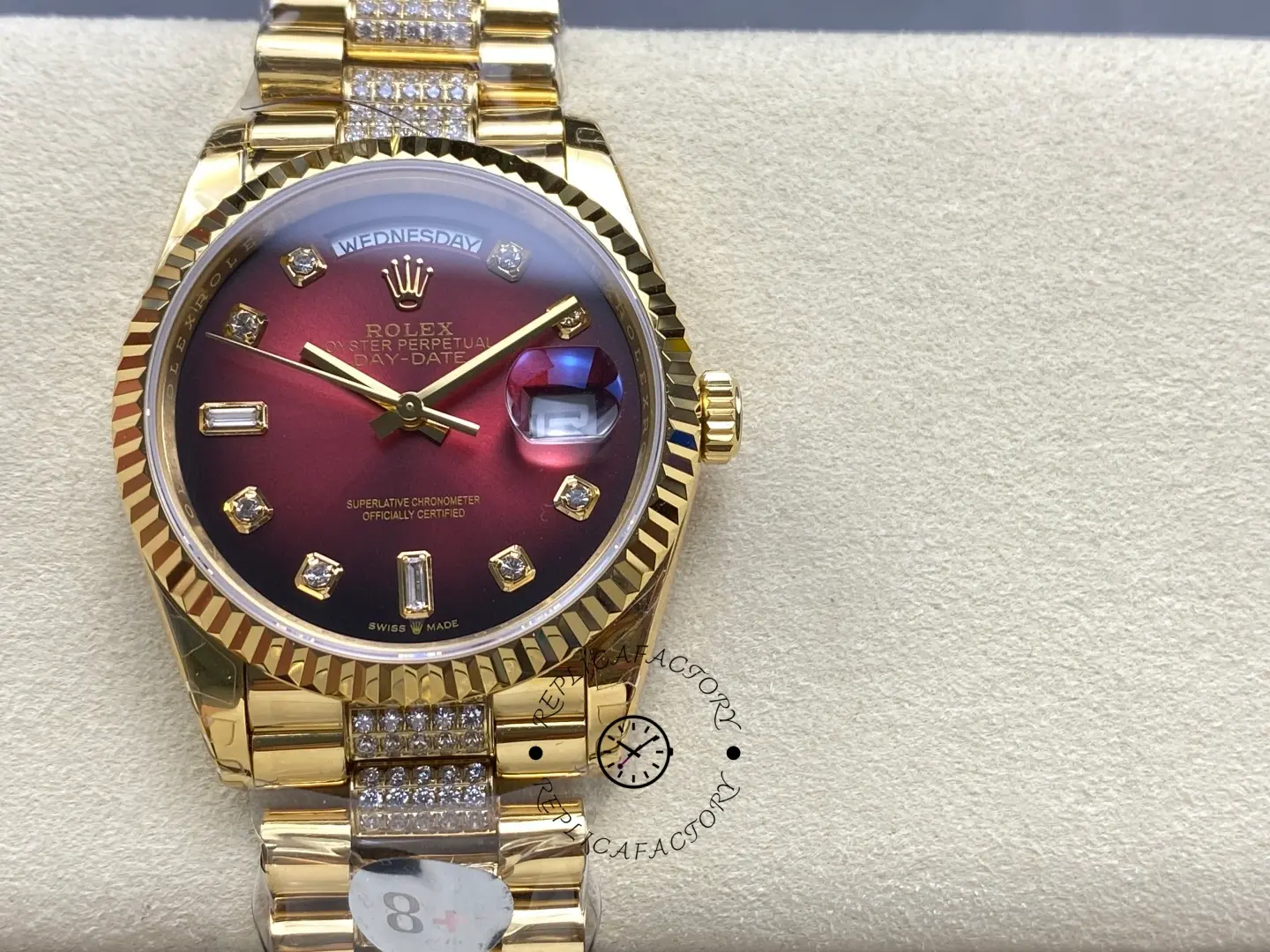 Rolex Day-Date Dark Red Dial Replica 128238 Women's Gold Watch