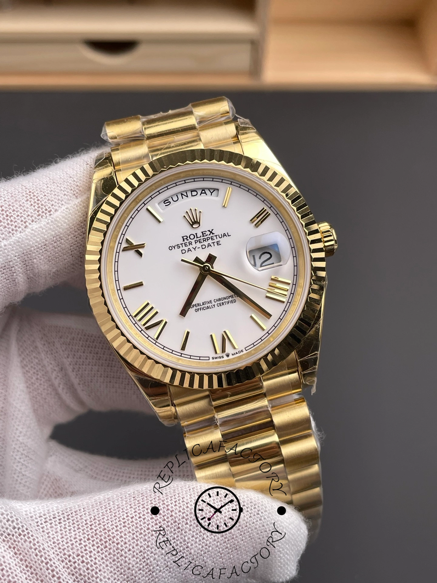 Rolex Day-Date 128238 Fluted Bezel White Roman Dial 36MM Replica Watch