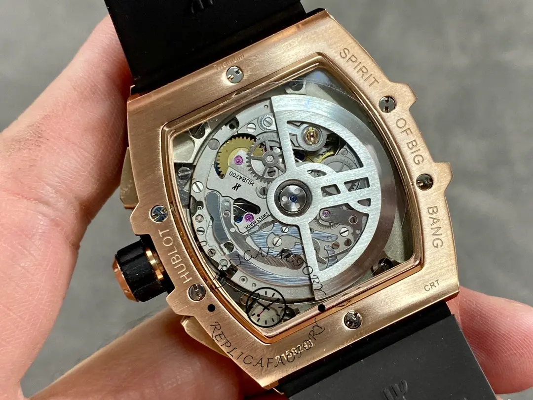 Caseback close-up of Hublot Spirit of Big Bang 642.OX.7180.RX showing rotor and engravings.