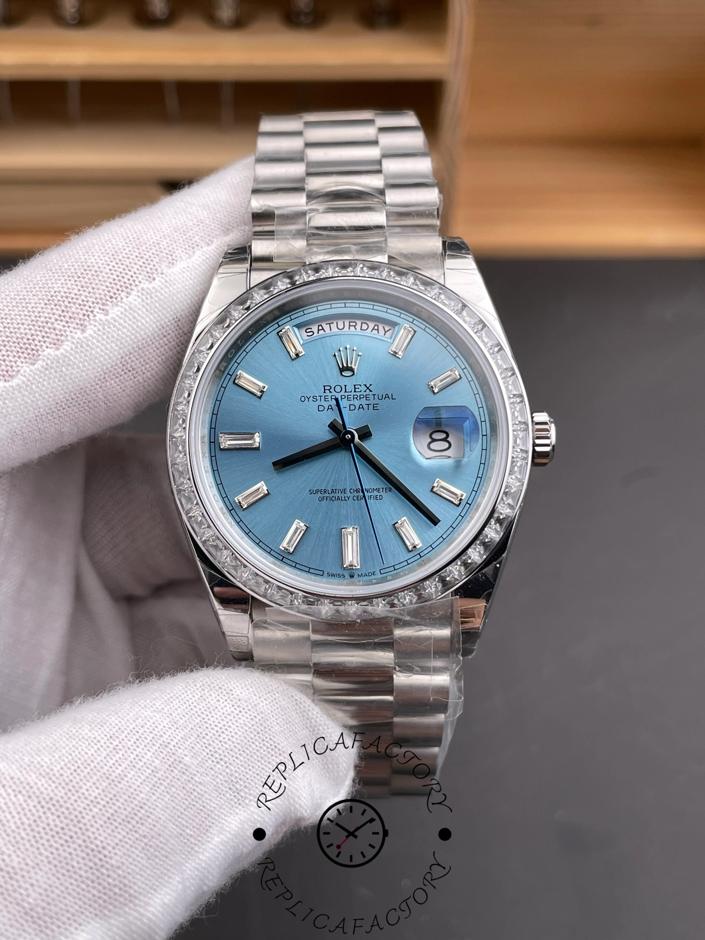 Rolex Day Date m128396tbr 0003 Platinum Ice Blue Dial 36 mm