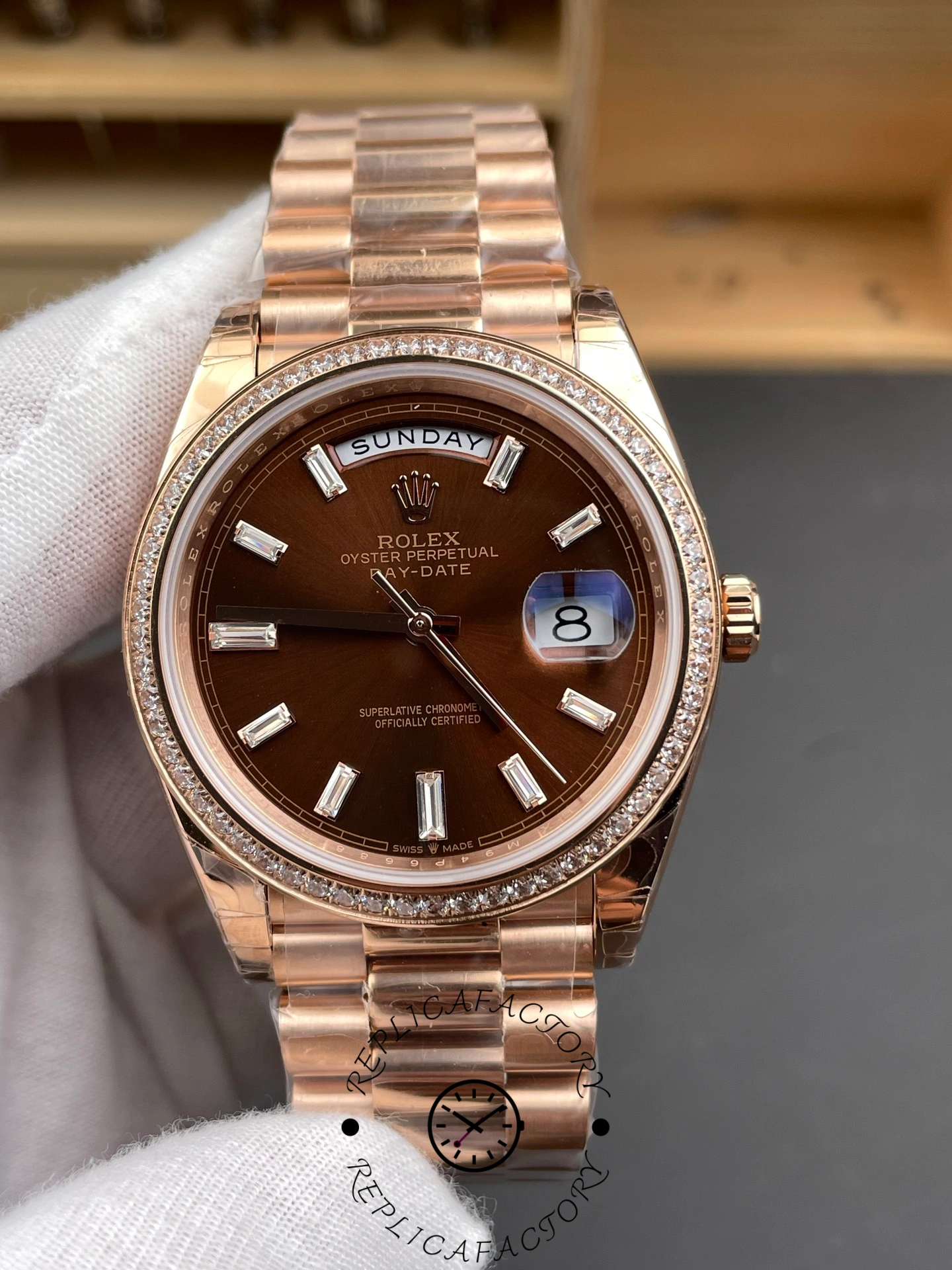 Rolex Day-Date 228345RBR Chocolate Brown Diamond Dial Diamond Bezel 40mm Mens Replica Watch