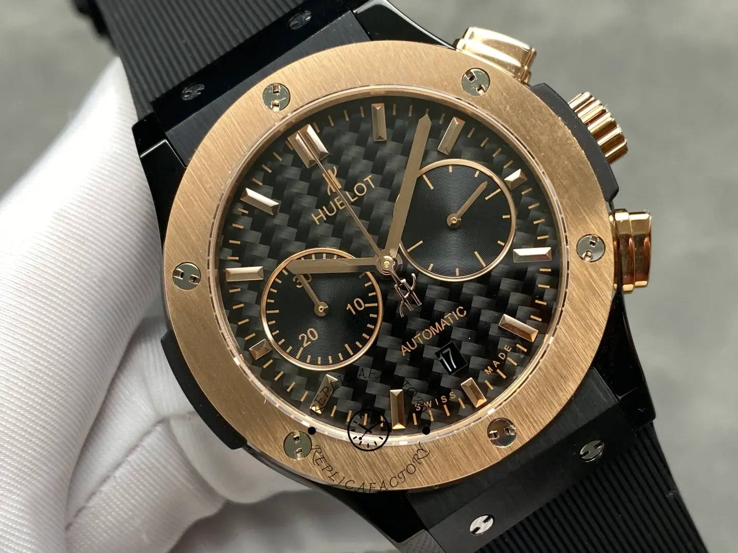 Angled view of Hublot Classic Fusion 521.CO.1781.RX highlighting rose gold case and black dial.