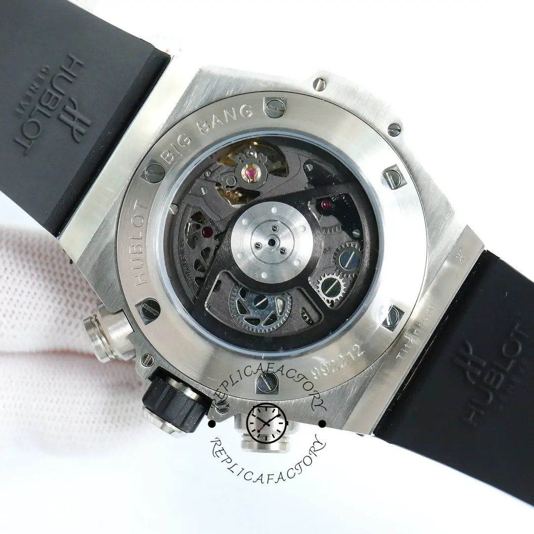 Caseback view of Hublot Big Bang 421.NL.5170.RX showing the exhibition back and movement rotor.