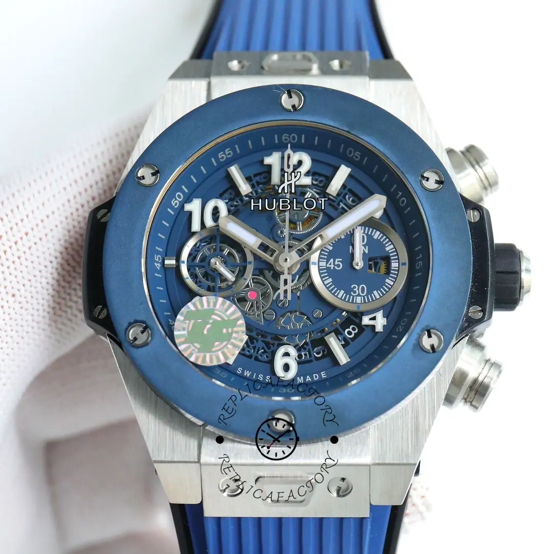 Close-up front of Hublot Big Bang 421.NL.5170.RX showing blue dial details, subdials and date window.