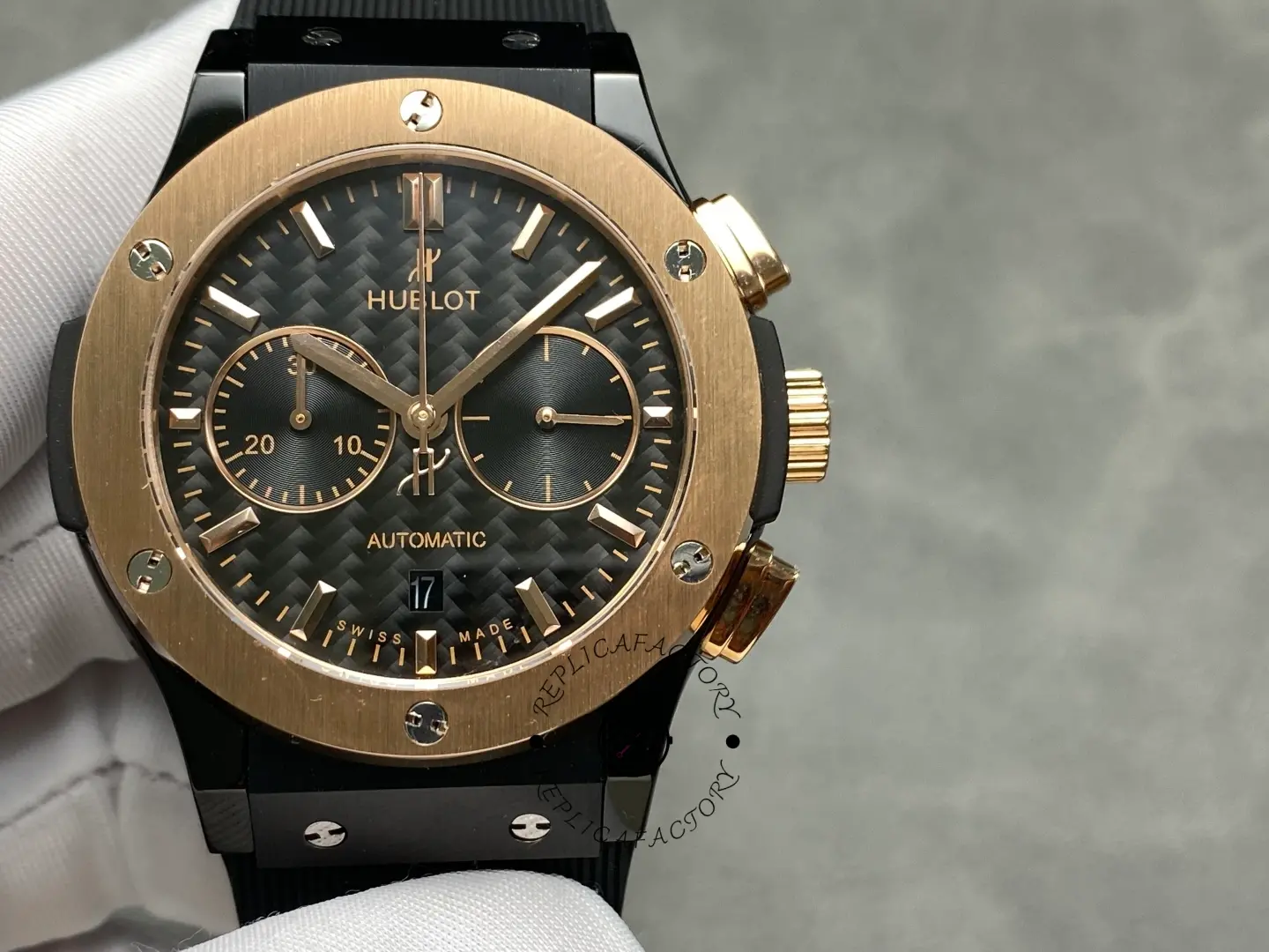 Close-up front of Hublot Classic Fusion 521.CO.1781.RX showing dial markers and rose gold bezel screws.