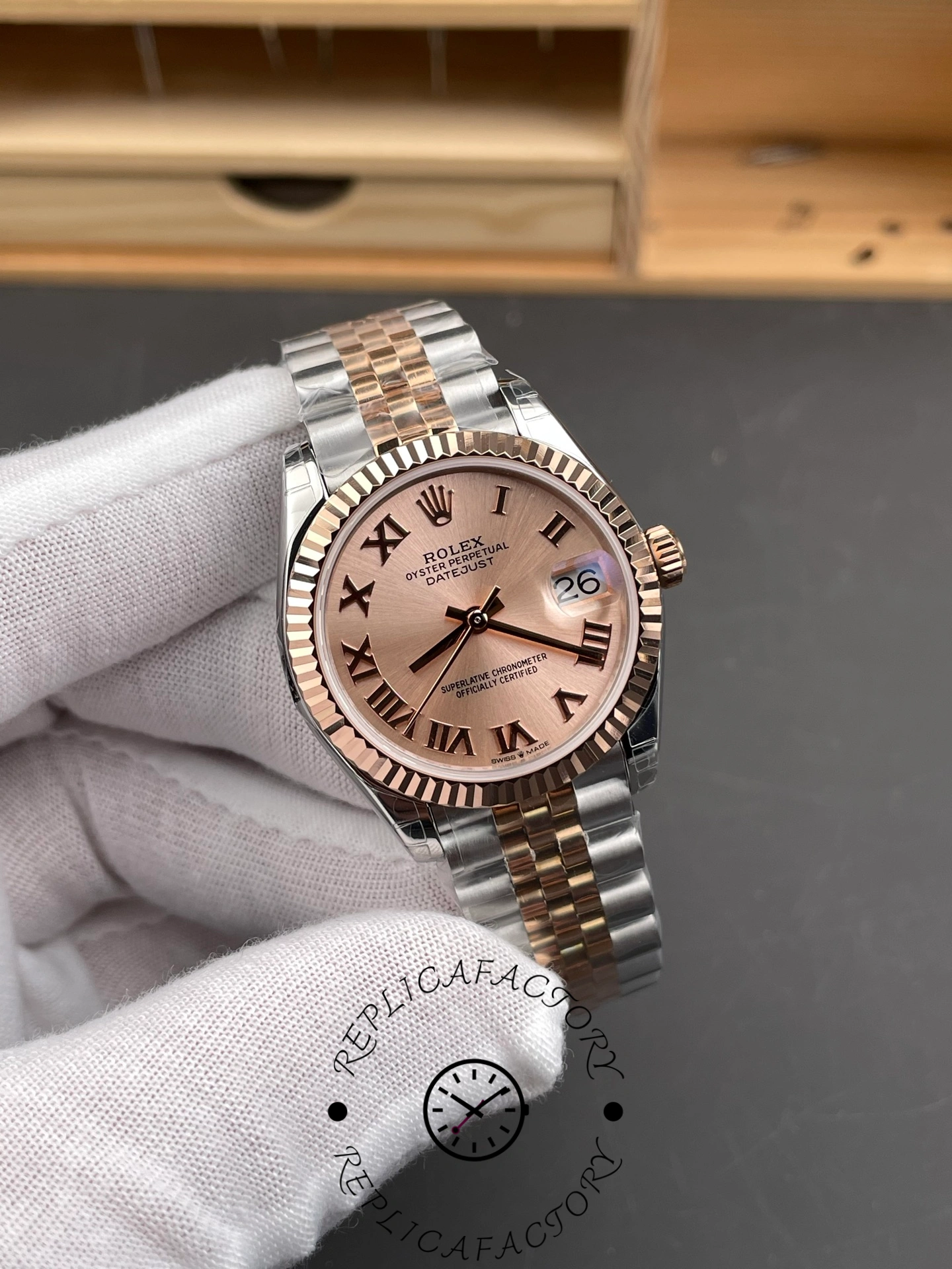 Rolex Datejust 278271 Sun Dust Roman Dial Two Tone Rose Gold Fluted Bezel Jubilee