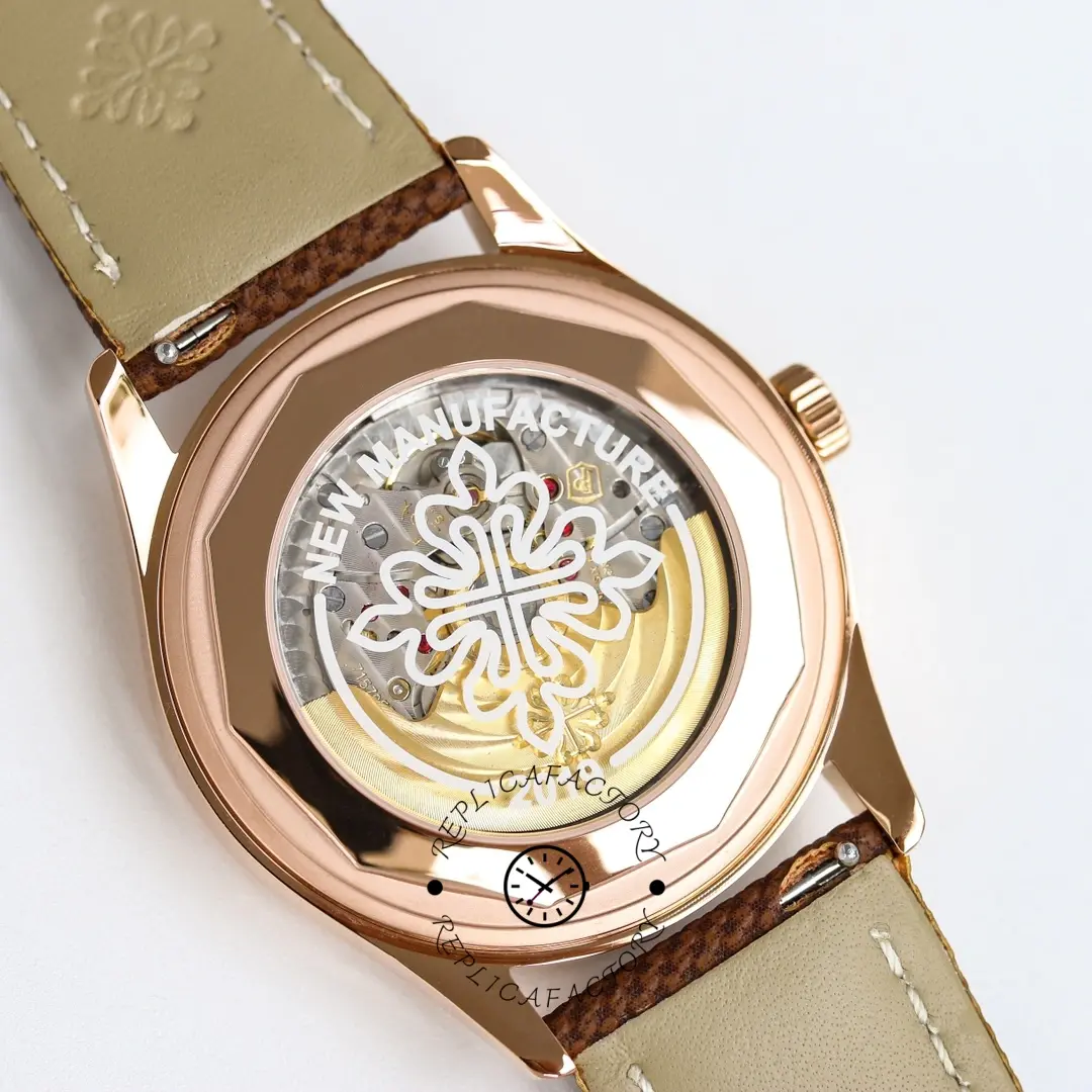 Exhibition caseback of the Patek Philippe Calatrava 6007A-001, highlighting rotor and movement bridges.