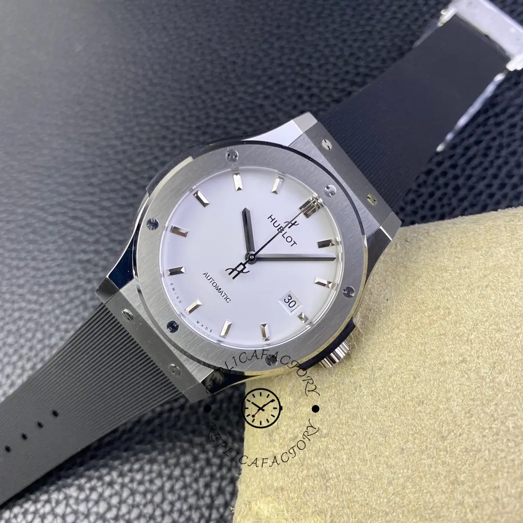 Angled view of Hublot Classic Fusion 511.CO.1181.RX white dial, bezel screws and lugs visible.