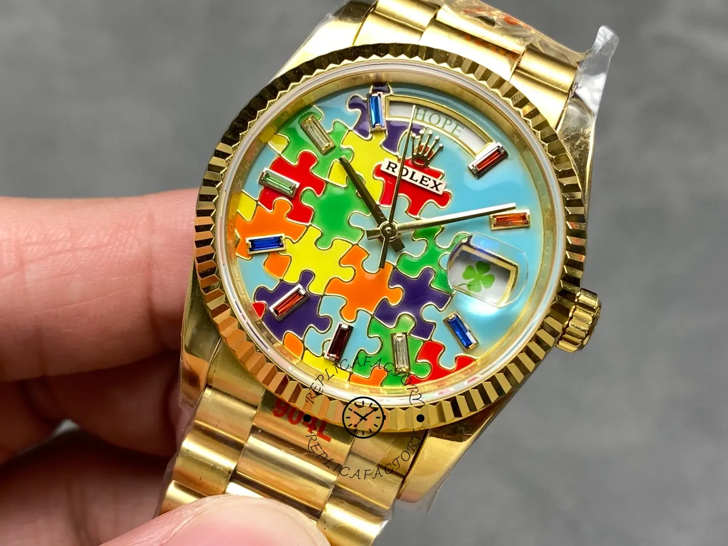 Rolex Day Date 128238-0106 36mm Yellow Gold Fluted Bezel Emoji Puzzle Dial