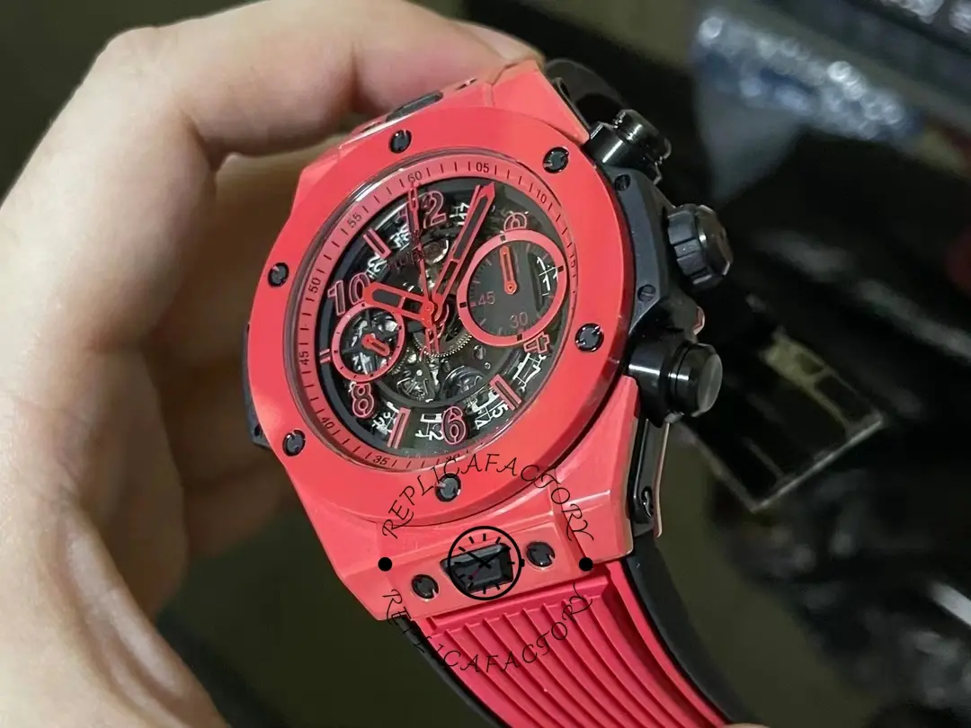 Detailed front angle of Hublot Big Bang Unico Red Magic Ceramic 411.CF.8513.RX with exposed movement.