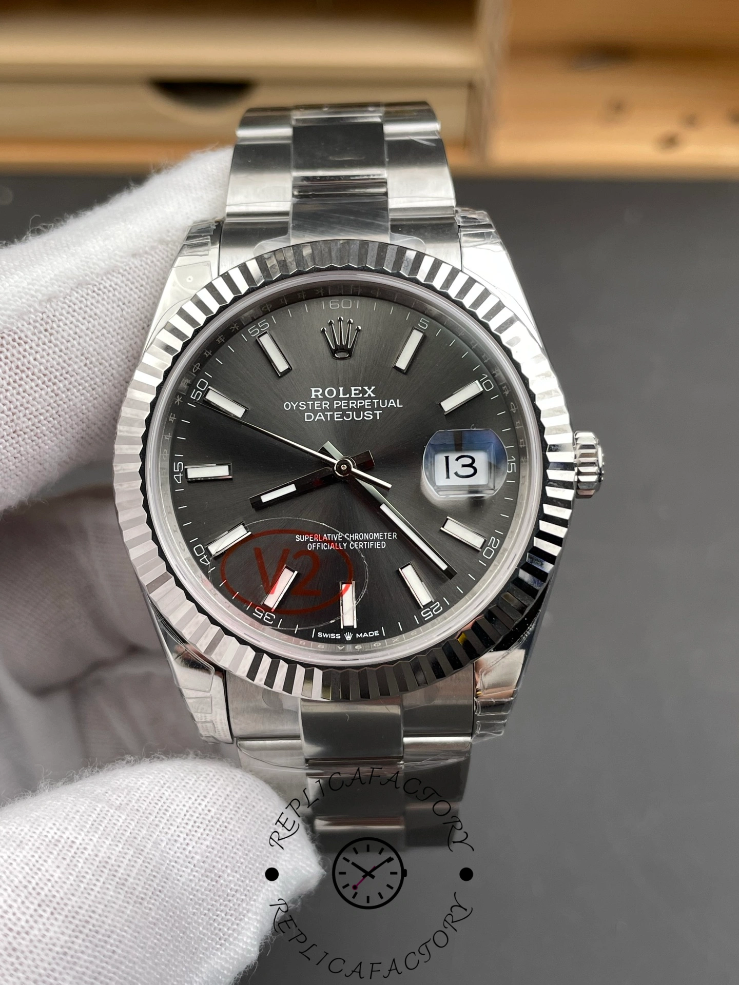 Rolex Datejust 41 White Gold Fluted Bezel Slate Dial Oyster M126334 0013 Men's Watch