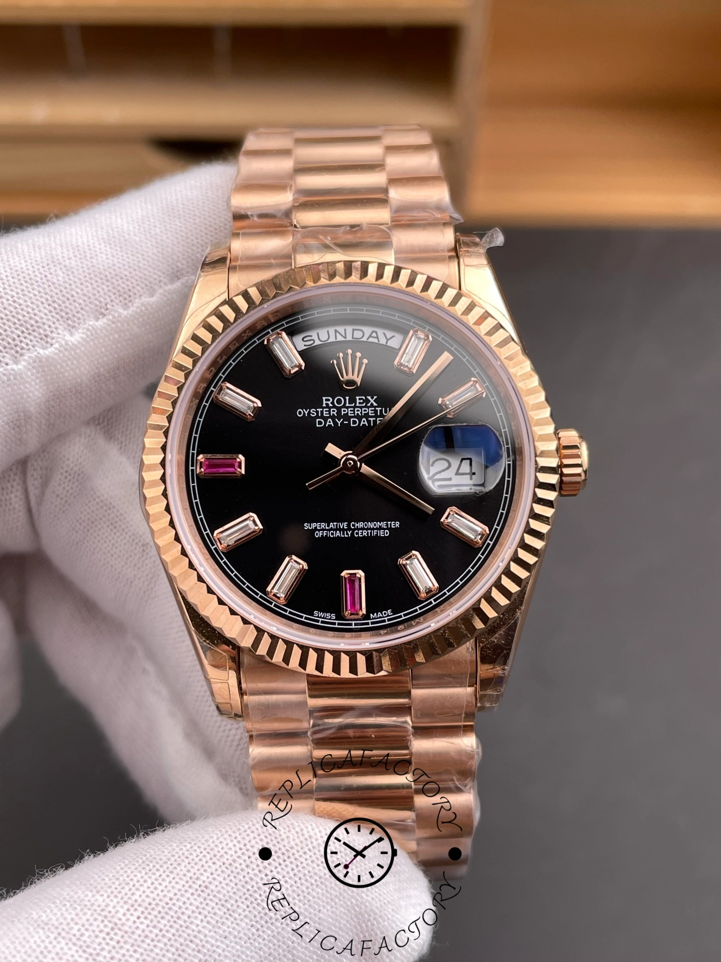 Rolex Day-Date 218235 Diamonds and Rubies Black Dial Rose Gold 41MM Mens Replica Watch