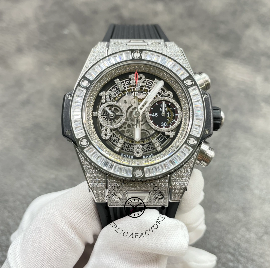 Gloved hand holding Hublot 411.NX.1170.RX.0904 Big Bang Unico 45mm, front view of skeleton dial.