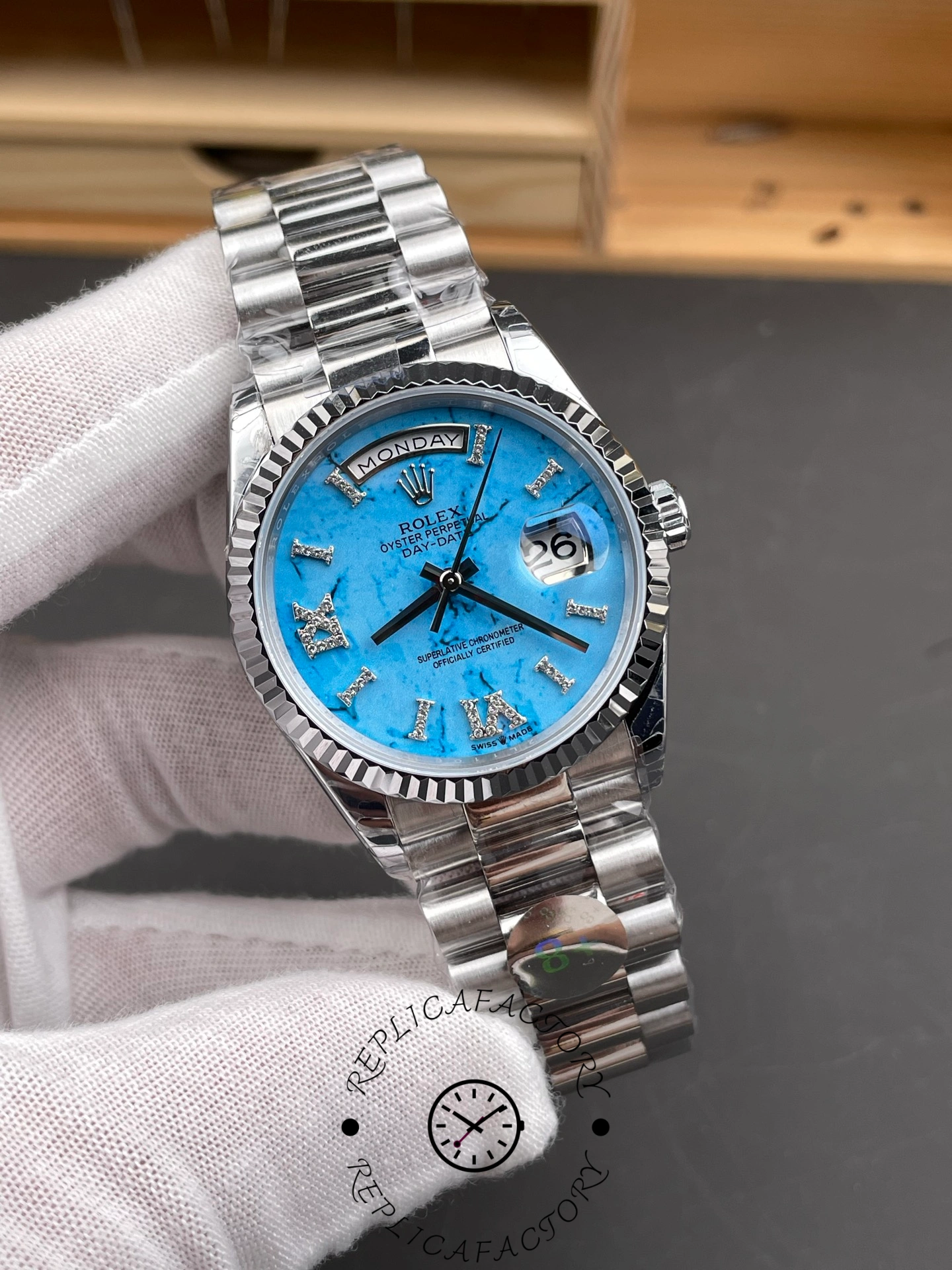 Rolex Day Date 36 Turquoise Diamond-Set Roman Dial 128236 0011