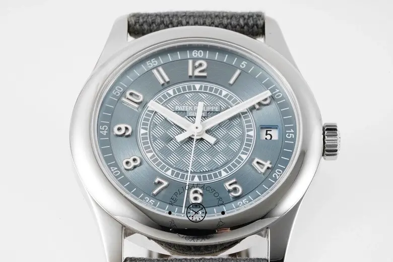 Straight-on shot of the Patek Philippe Calatrava 6007A-001, highlighting the blue dial and polished bezel.