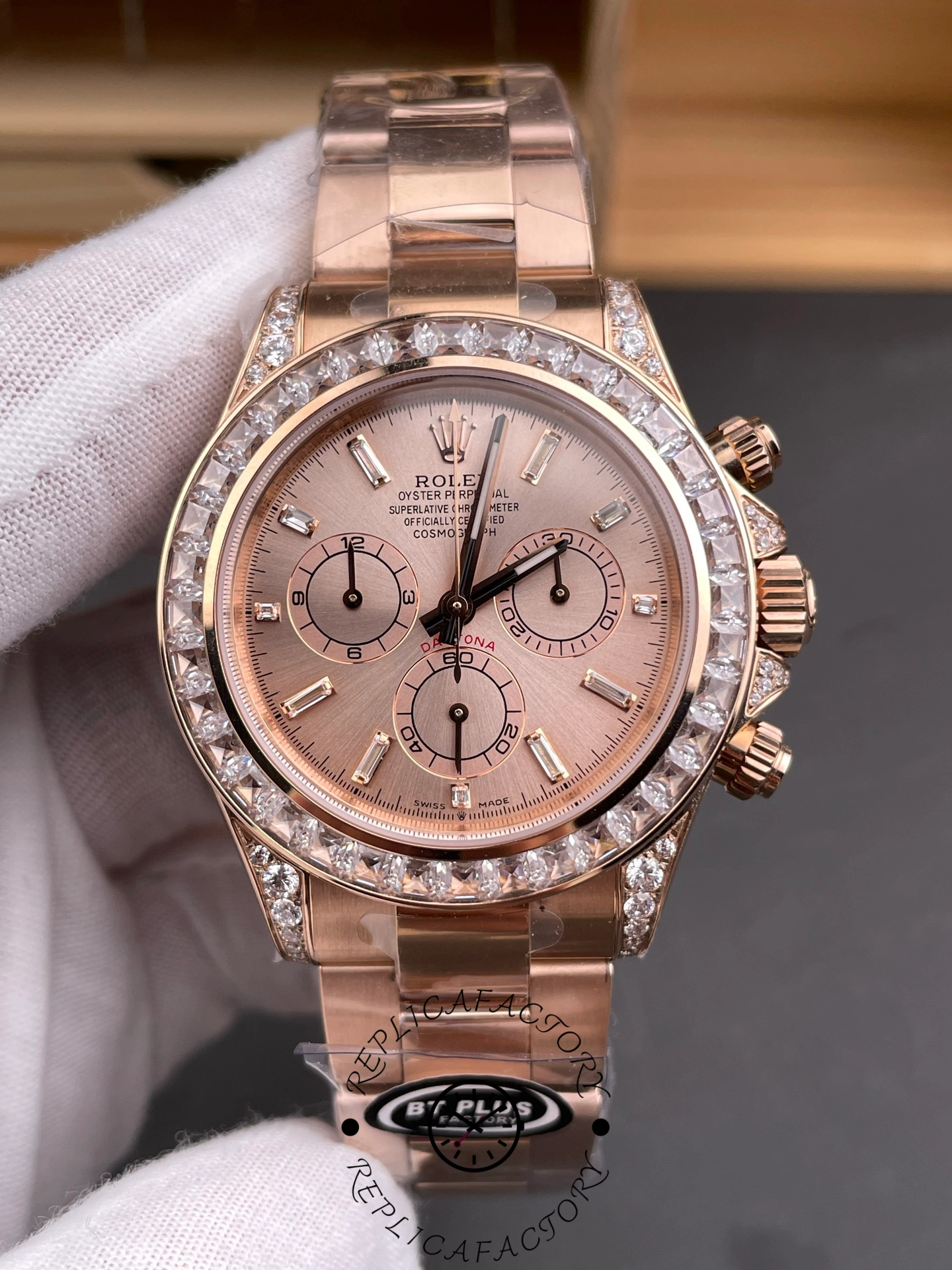 Replica Rolex Daytona 126595TBR 0001 Pink Dial & Diamond Bezel Watch