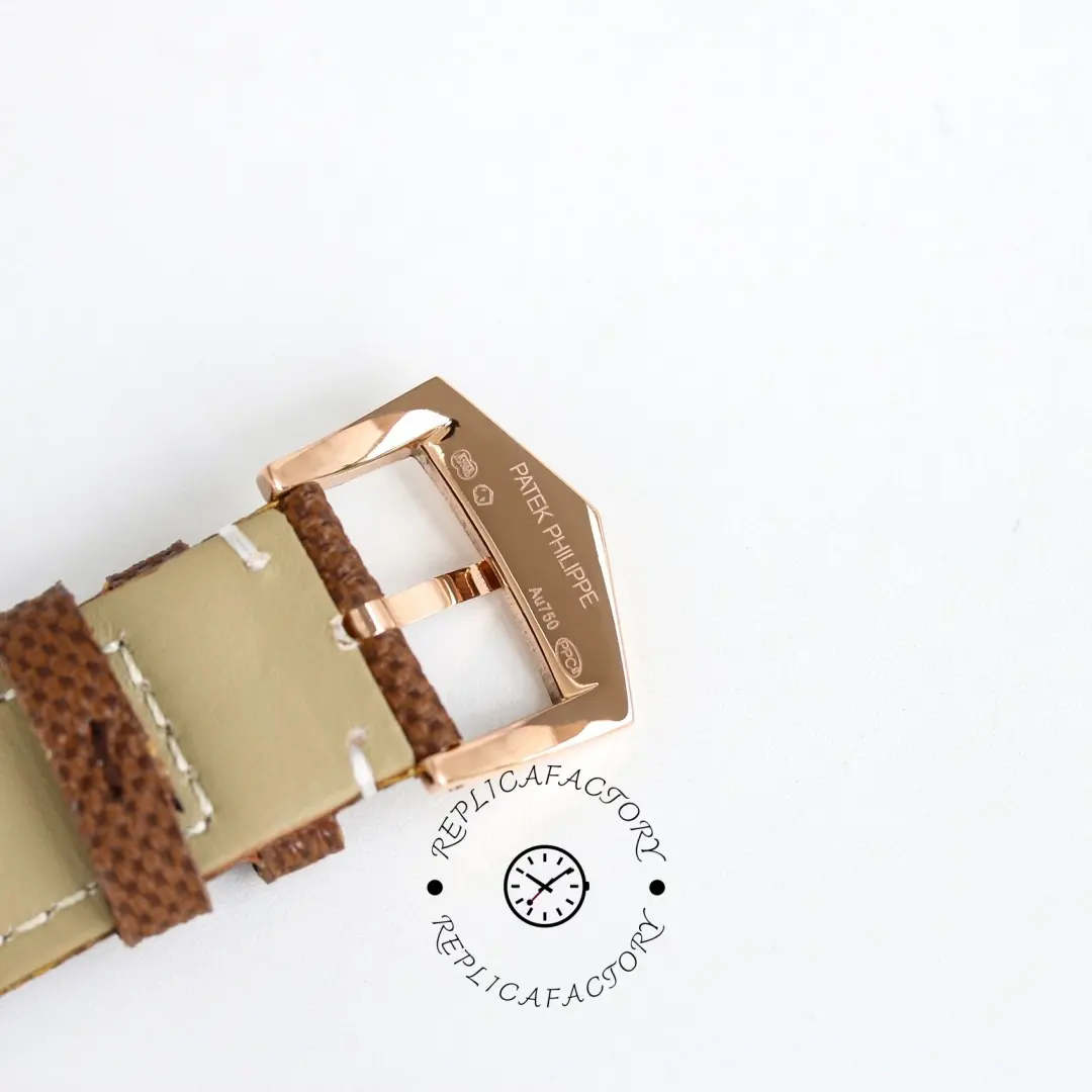 Buckle and strap end of the Patek Philippe Calatrava 6007A-001, showing clasp shape and holes.