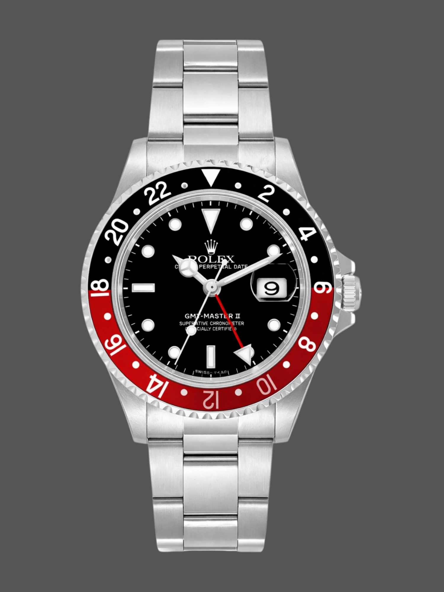 Front view of Rolex GMT-Master II 16710, black dial, black/red Coke bezel, stainless steel bracelet. - Front view