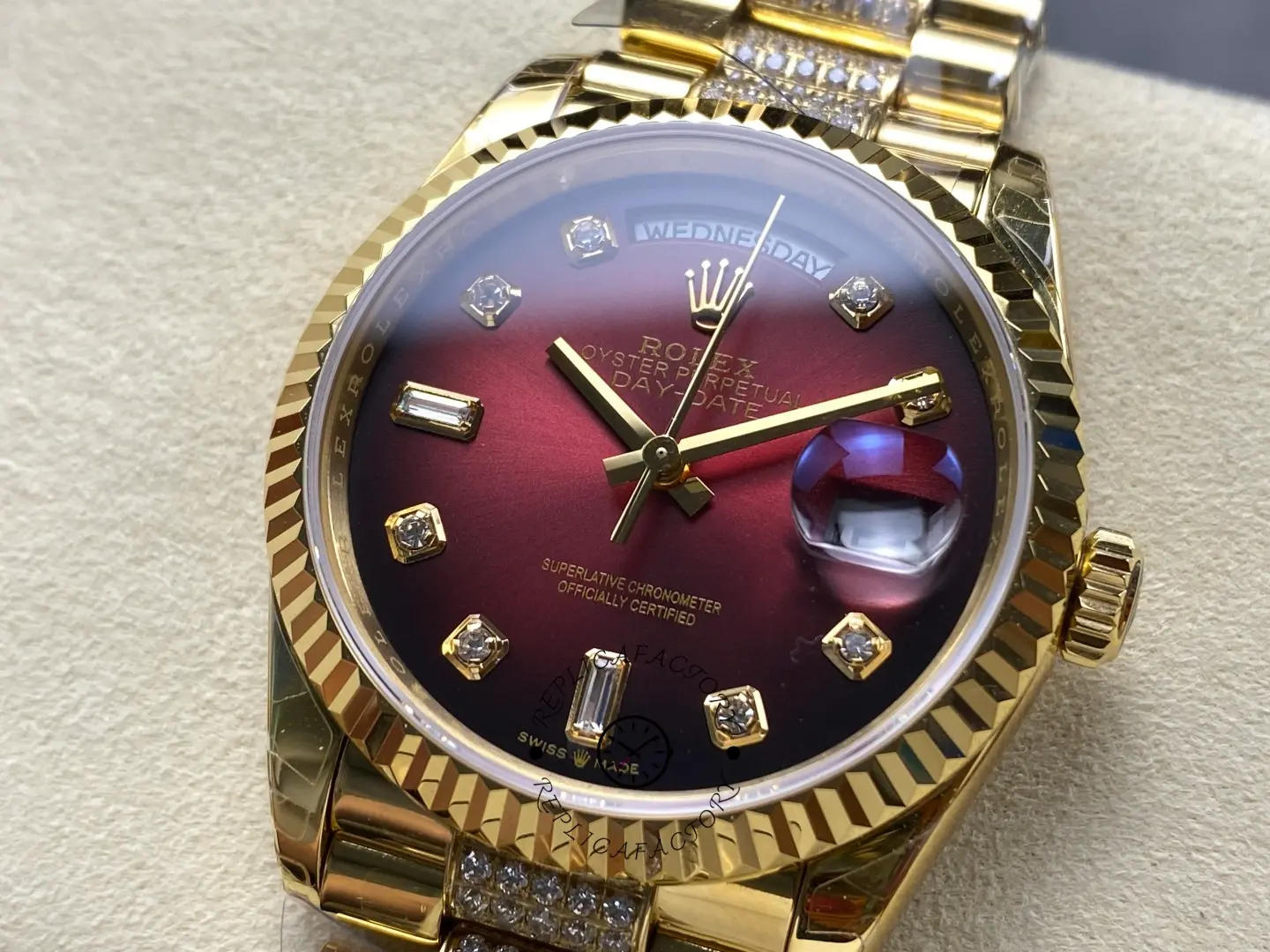 Rolex Day-Date Dark Red Dial Replica 128238 Women's Gold Watch