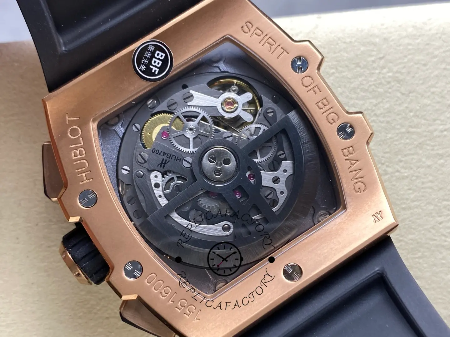 Caseback view of Hublot Spirit of Big Bang 642.OX.7180.RX showing exhibition back and movement.