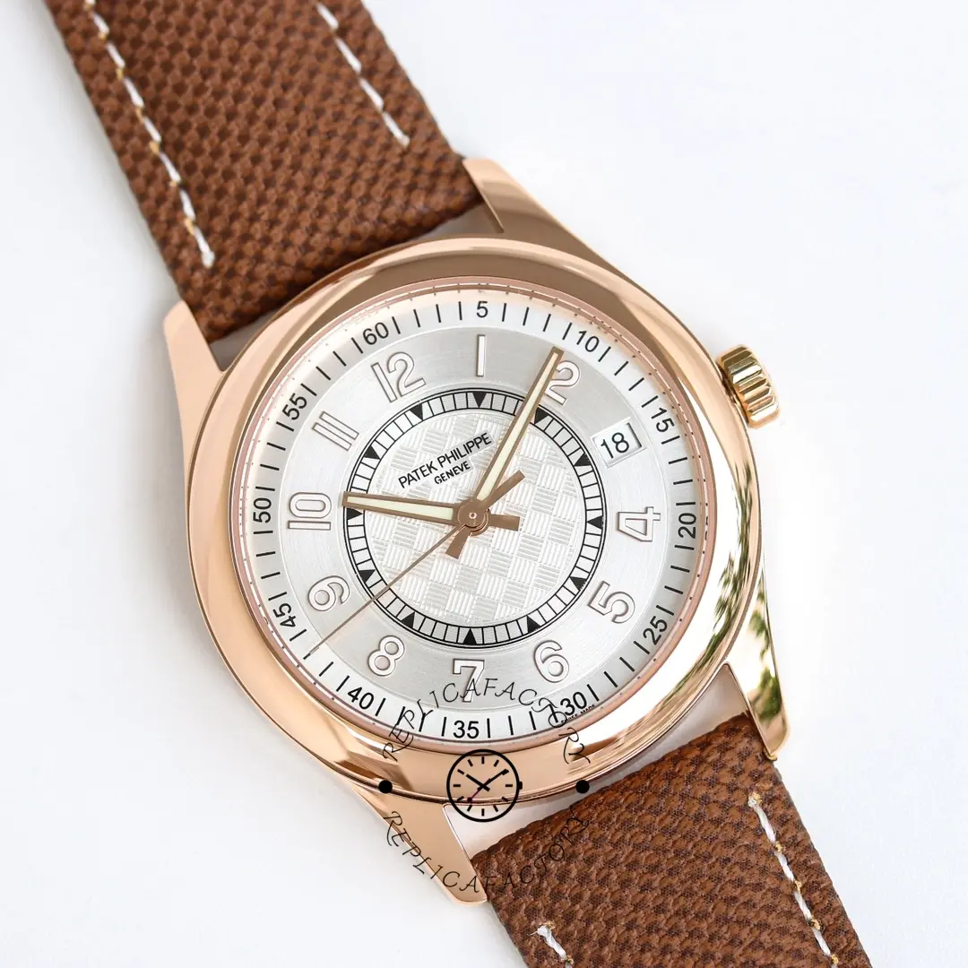Side-front view of the Patek Philippe Calatrava 6007A-001, showing polished case and strap texture.