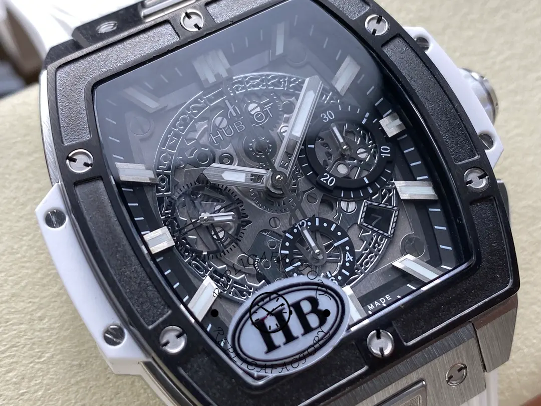 Dial close-up of Hublot Spirit of Big Bang 642.NM.0170.RX highlighting openworked details and hands.