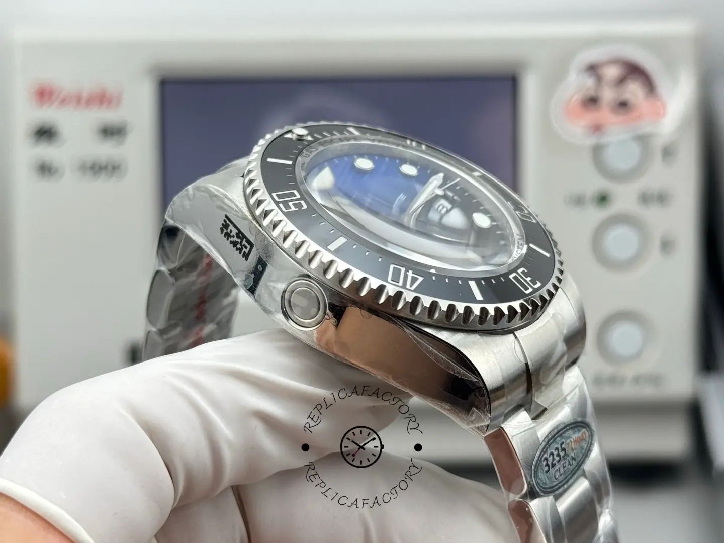 Side profile of Rolex Sea-Dweller Deepsea 116660 showing case thickness and helium escape valve detail.