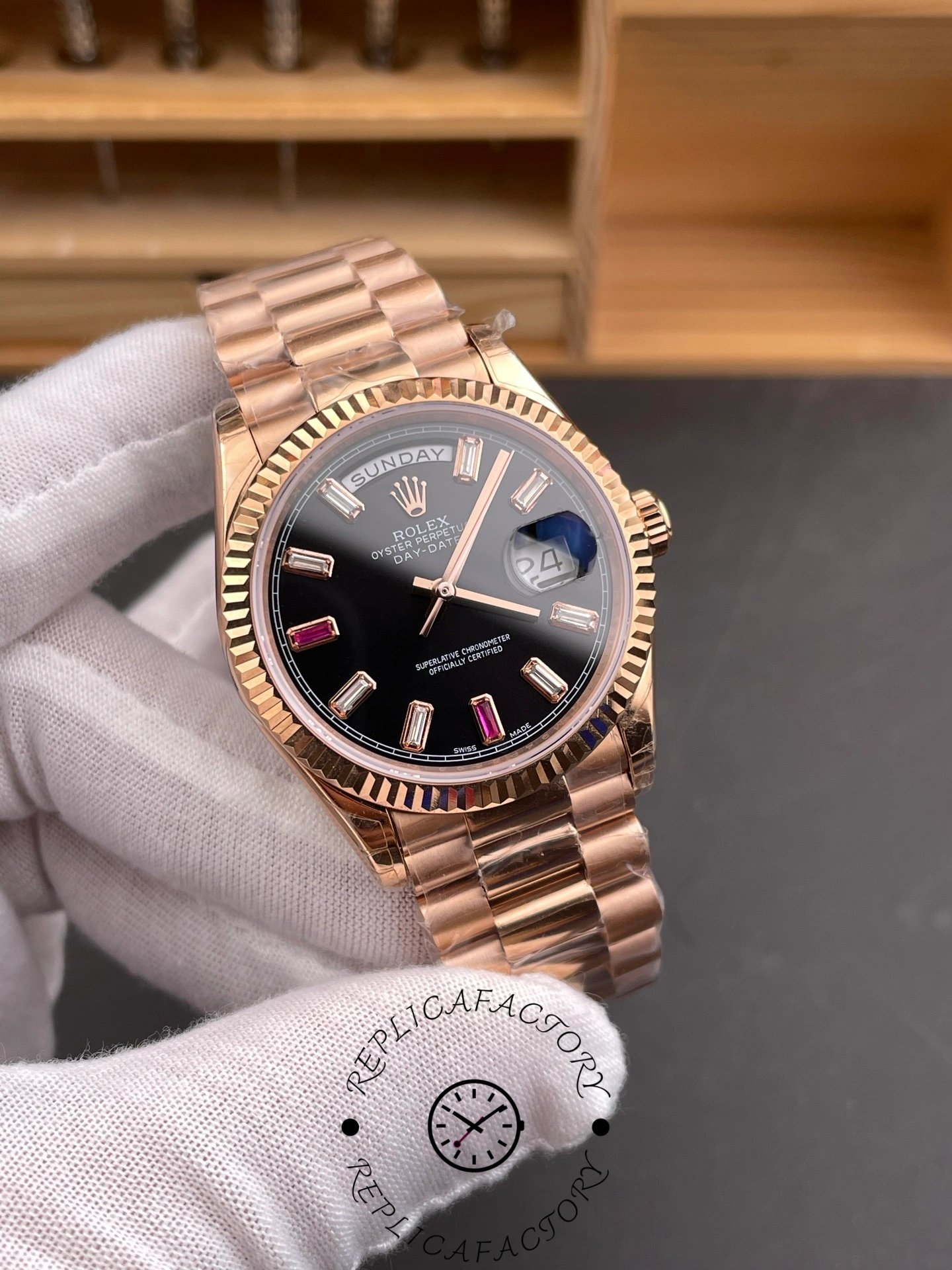Rolex Day-Date 218235 Diamonds and Rubies Black Dial Rose Gold 41MM Mens Replica Watch