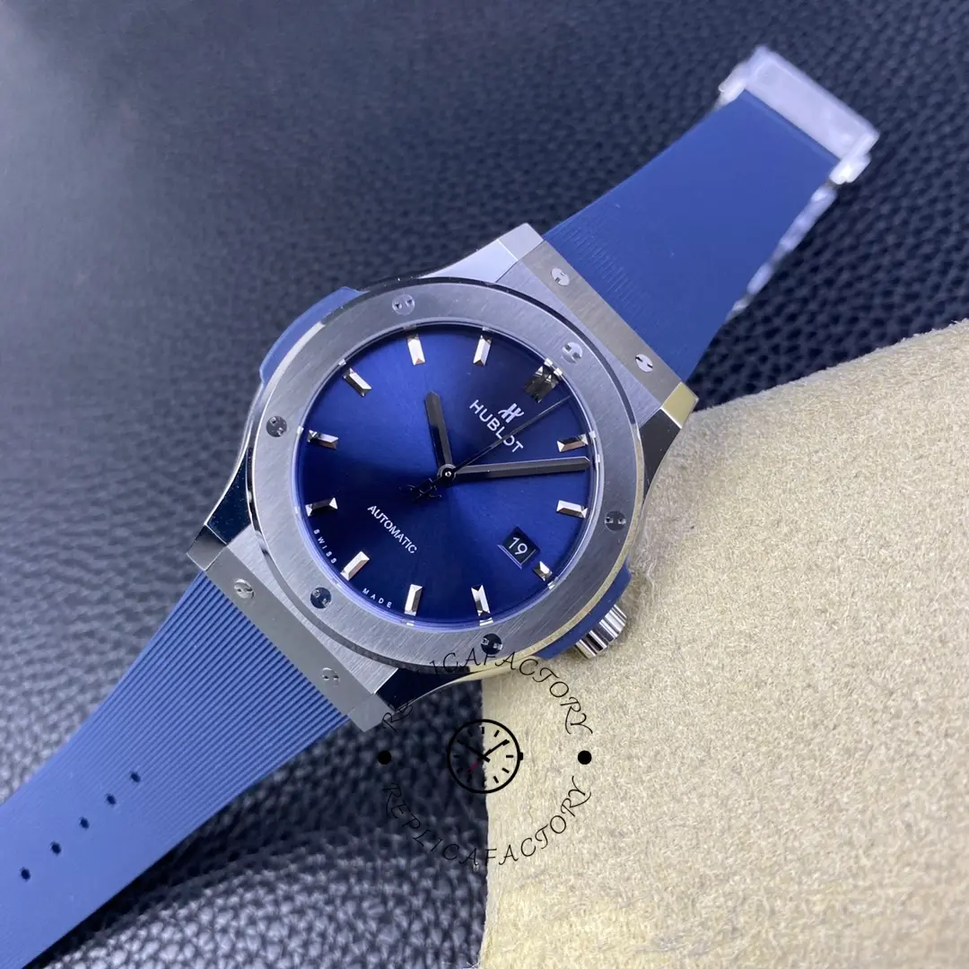 Angled shot of Hublot Classic Fusion 511.CO.1181.RX, blue strap and bezel screws highlighted.