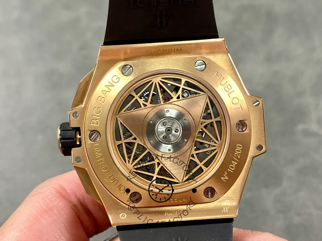 Caseback view of Hublot 418.OX.2001.RX.MXM20 showing exhibition back and rotor design.